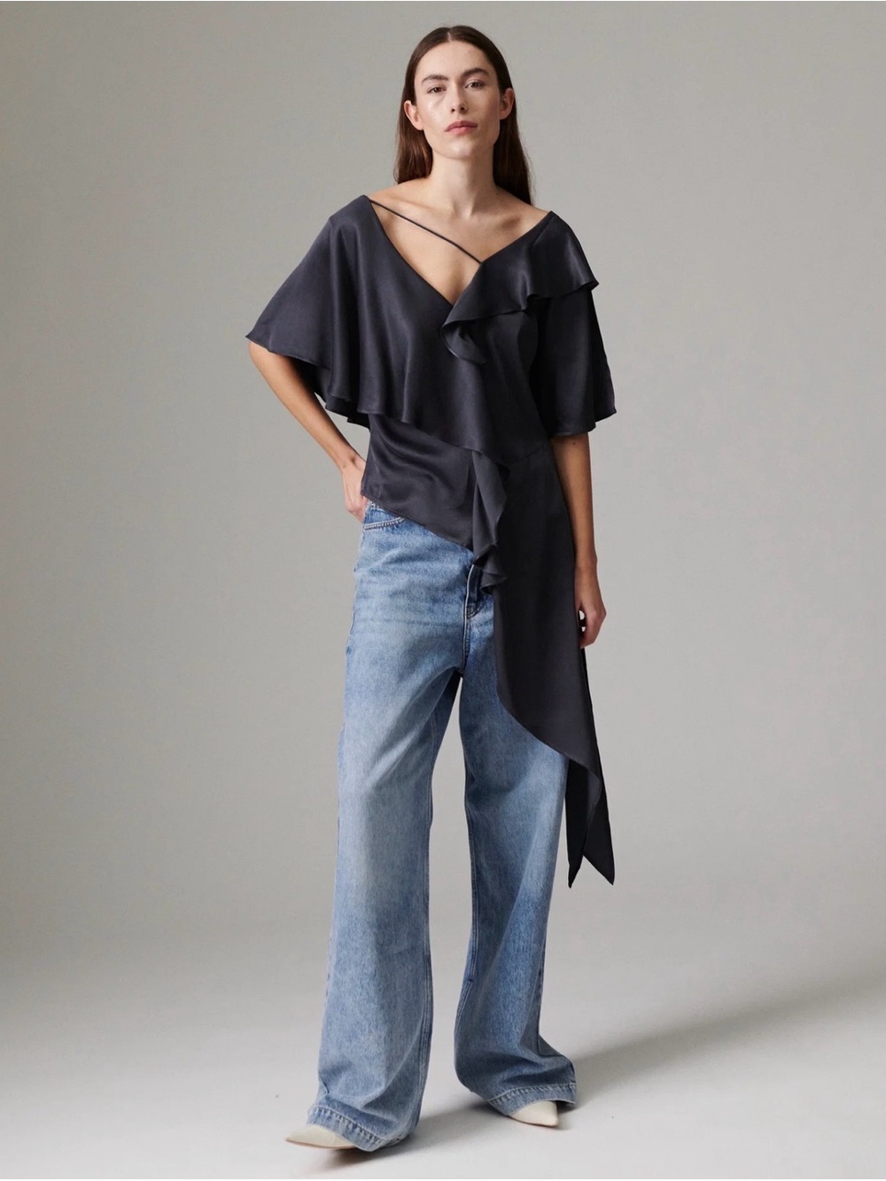 Day Birger et Mikkelsen Asymmetric Ruffle V-Neck Blouse in Charcoal grey